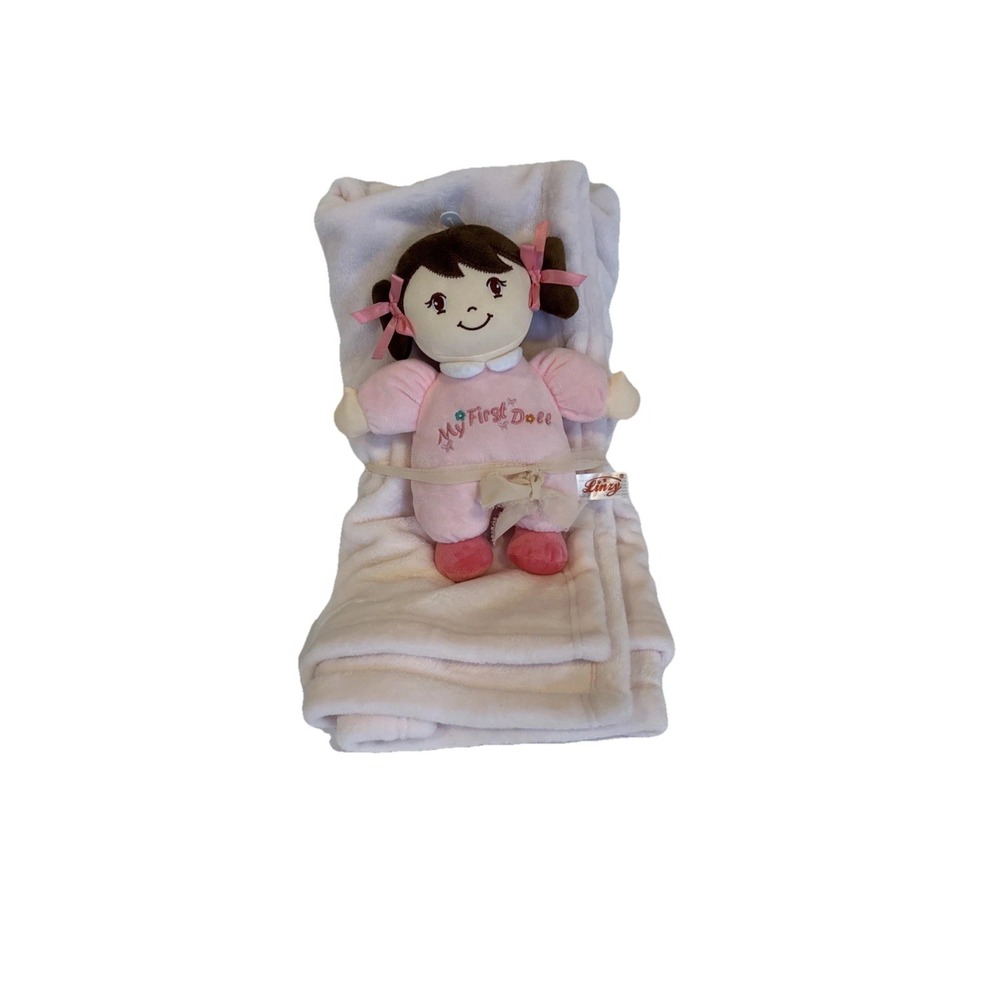Linzy My First Baby Brunette Doll Pig Tails & Bows Lovey Plush, Pink Blanket New